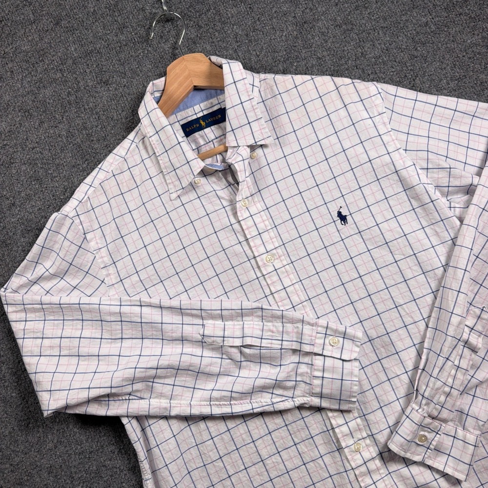 Ralph Lauren Tatersall Plaid Button Down Shirt Mens Large White Pink Navy Blue